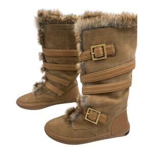 Tory Burch Camel Mid Calf Rabbit Fur Buckle Winter Moccasin Boot Size 6